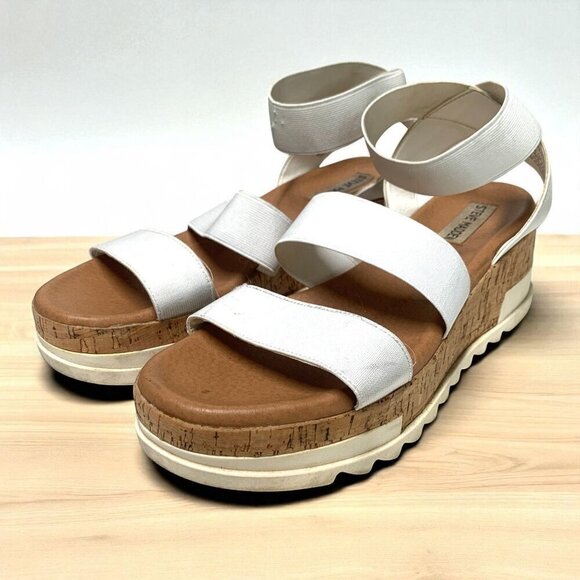 Steve Madden Womens White Platform Sandals 8.5M Cork Sole Elastic Straps Comfort - Picture 6 of 8